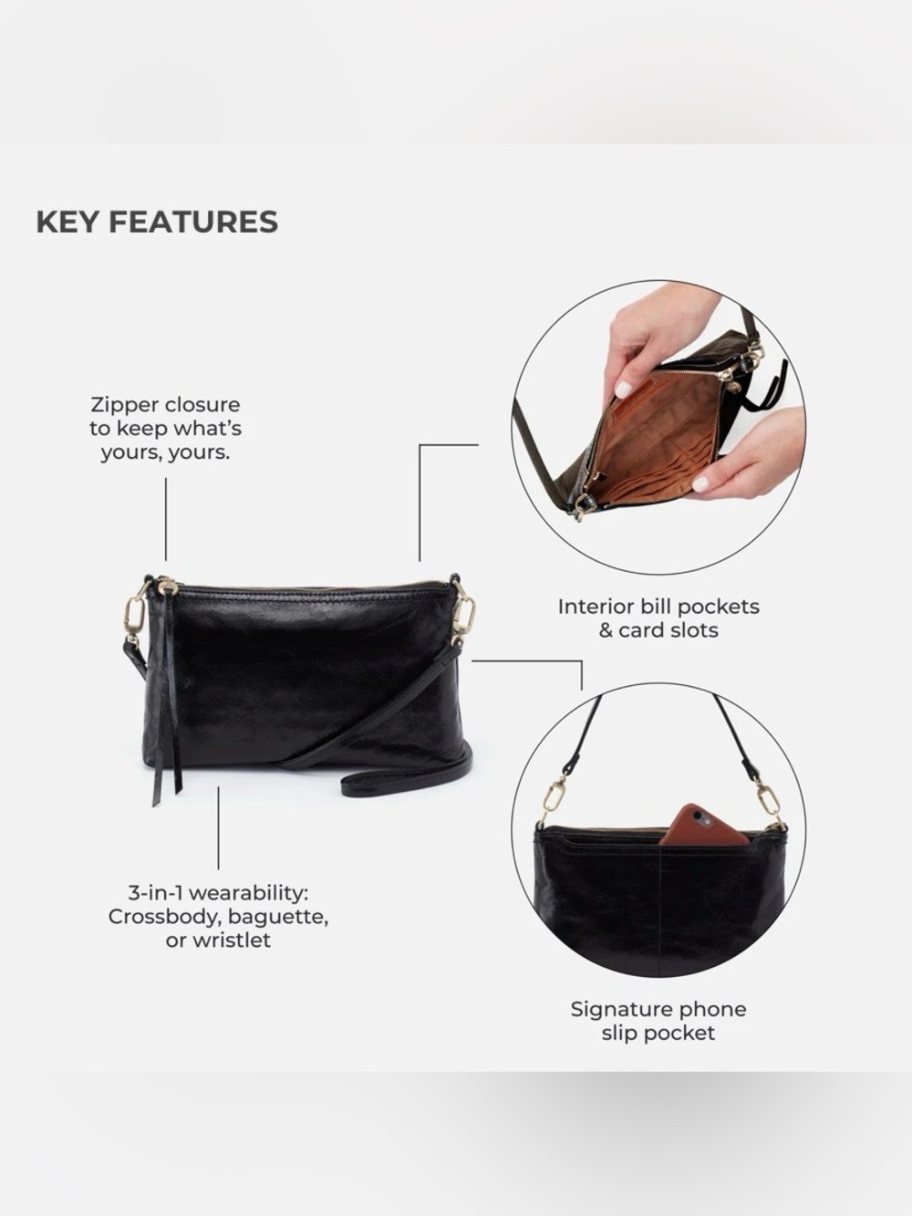 Hobo Polished Leather 3 In 1 Bag in Black